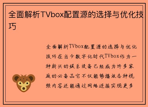 全面解析TVbox配置源的选择与优化技巧